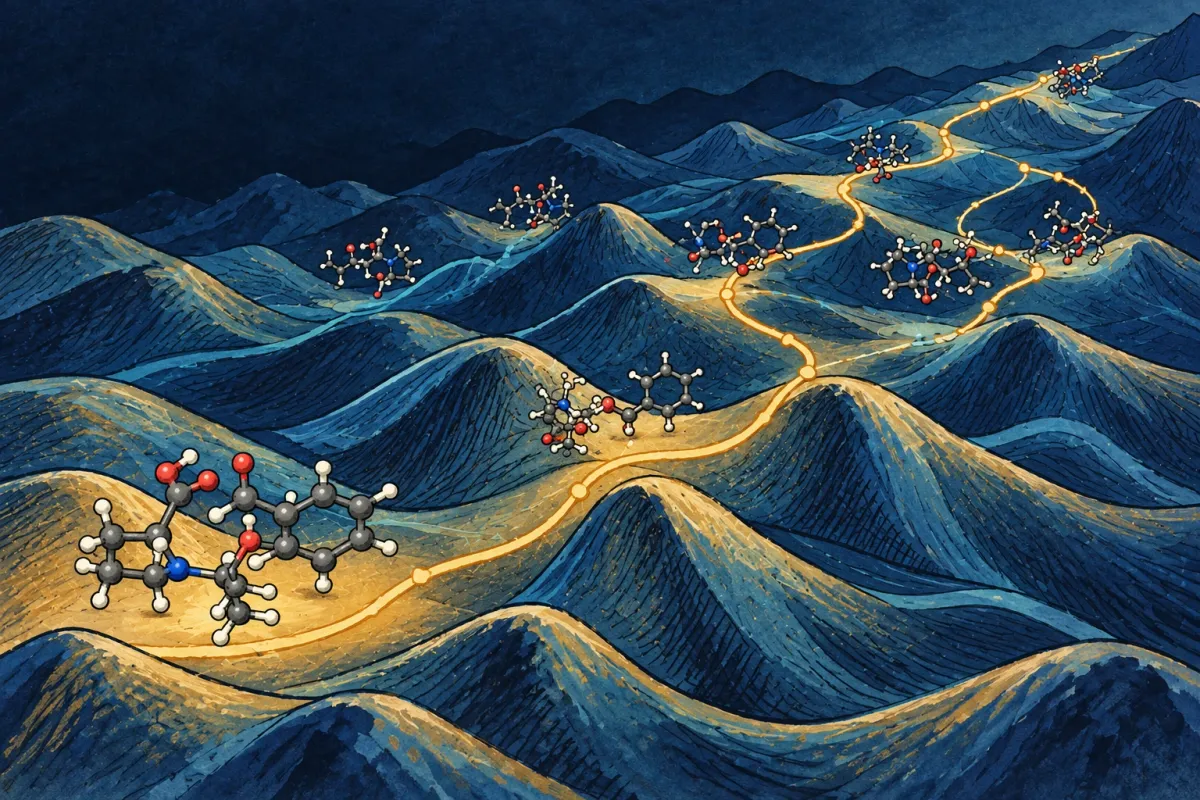 ReactNexus — illustrated molecular reaction pathways across a blue and gold energy landscape